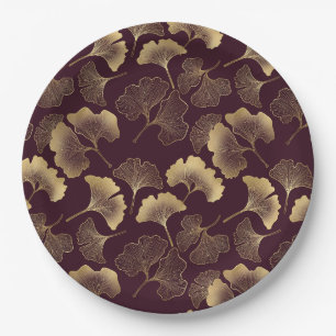 Prato De Papel Folhas de Ginkgo Douradas Luxuosas em Burgundy Pro