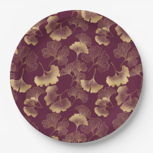 Prato De Papel Folhas de Ginkgo Douradas Luxuosas em Burgundy Pro
