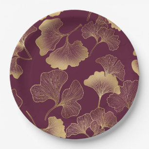 Prato De Papel Folhas de Ginkgo Douradas Luxuosas em Burgundy Pro