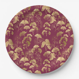 Prato De Papel Folhas de Ginkgo Douradas Luxuosas em Burgundy Pro