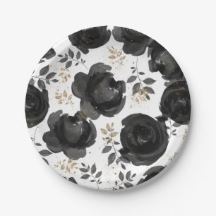 Prato De Papel Folhas de Glam Floral Ouro Negro Casamento