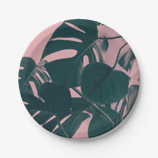 Prato De Papel Folhas de Monstera no rosa (Frente)
