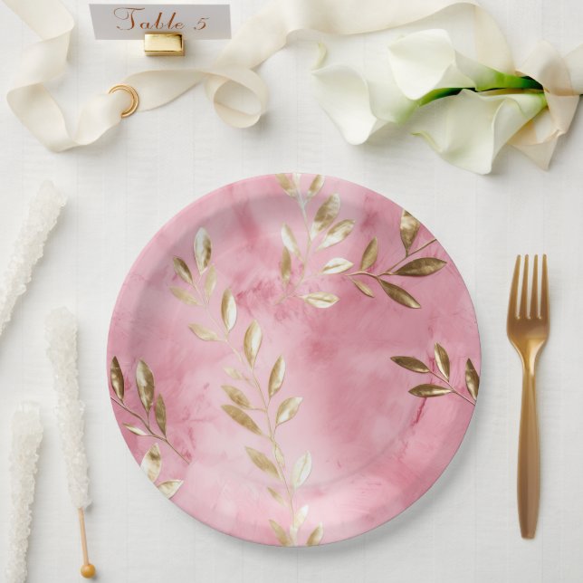 Prato De Papel Folhas de Ouro Rosa (Casamento)