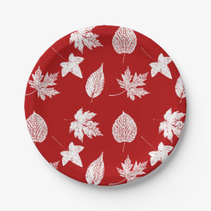 Prato De Papel Folhas de outono - branco e vermelho escuro