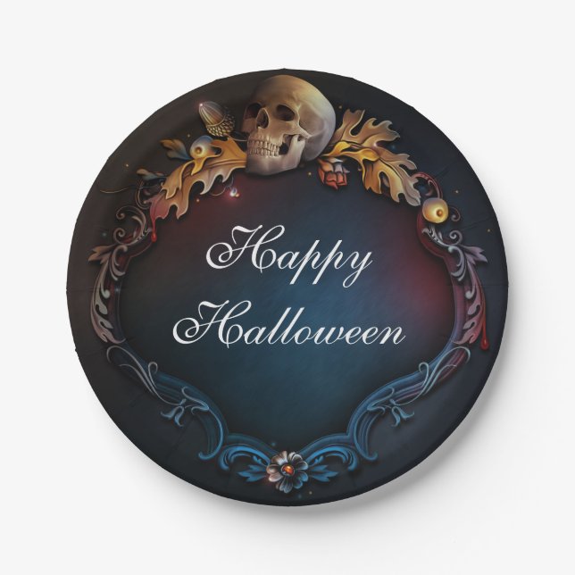 Prato De Papel Folhas de Outono e Crânio Caem Festa de Halloween (Frente)