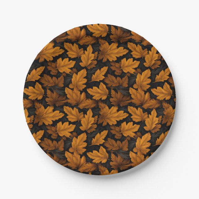 Prato De Papel Folhas de Outono Marrons e Laranja  (Frente)