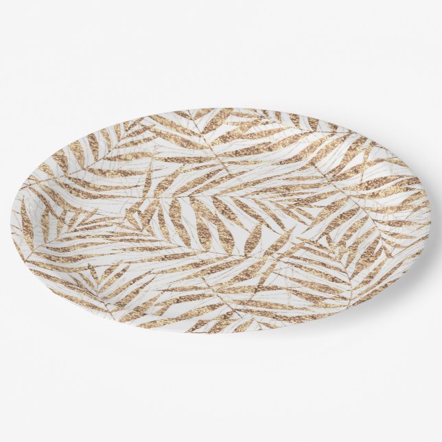 Prato De Papel Folhas de Palma Tropicais Douradas Elegantes (Inclinado)