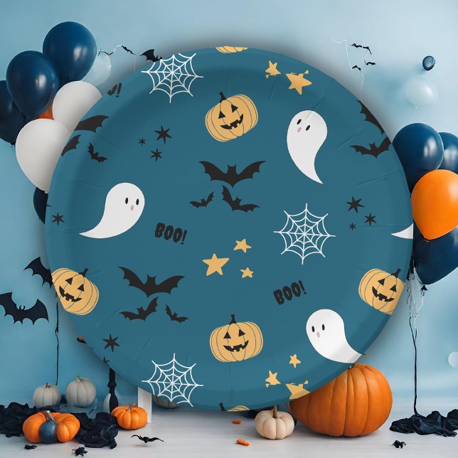 Prato De Papel Folhas de Papel Azul de Boo de Halloween (Criador carregado)