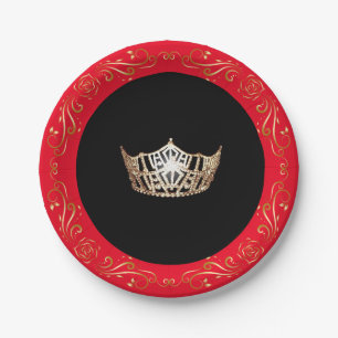 Prato De Papel Folhas de papel Red Dourado Crown de 7"