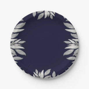 Prato De Papel Folhas de Prata Glam Botânico Casamento Azul Rosa