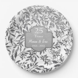 Prato De Papel Folhas de Prata no Aniversário do 25 Branco