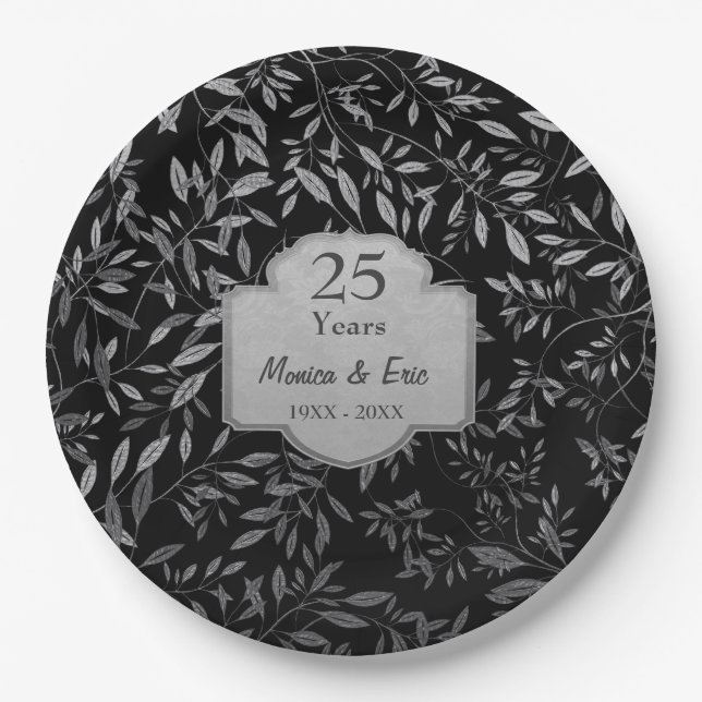 Prato De Papel Folhas de Prata no Aniversário do 25 Negro (Frente)