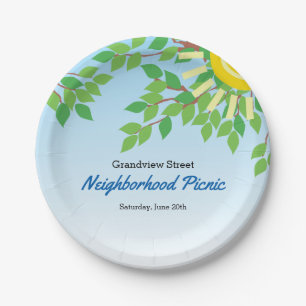 Prato De Papel Folhas e Sun do verde do piquenique da vizinhança