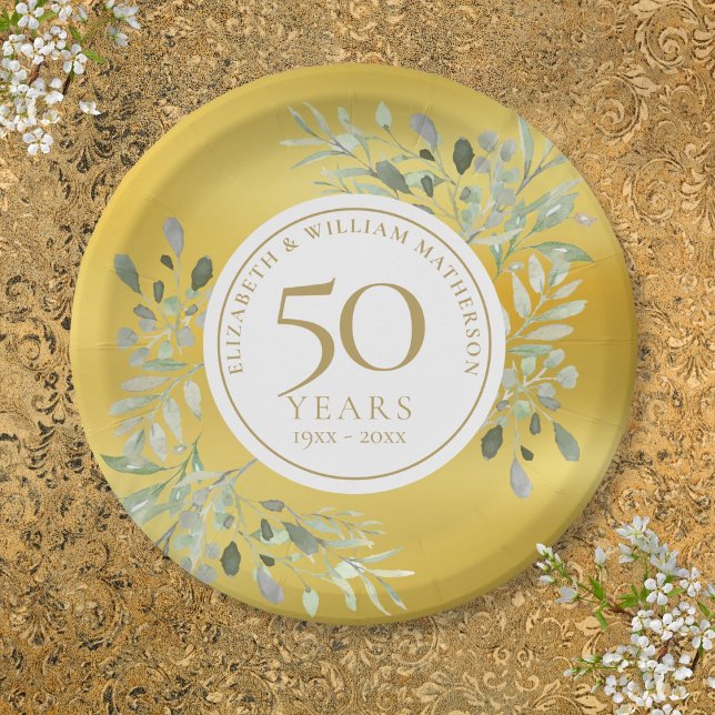 Prato De Papel Folhas em Folha de Ouro 50º Aniversário de Casamen (Gold Foil Greenery 50th Wedding Anniversary Paper Plates)