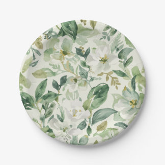 Prato De Papel Folhas Florais de Aquarela Verde Botânica Natureza