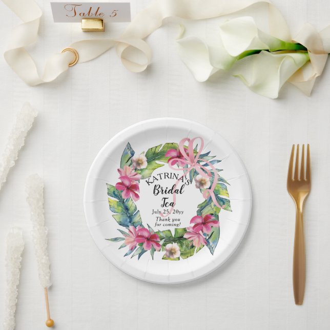 Prato De Papel Folhas tropicais | Chá De Chá Floral Rosa (Casamento)