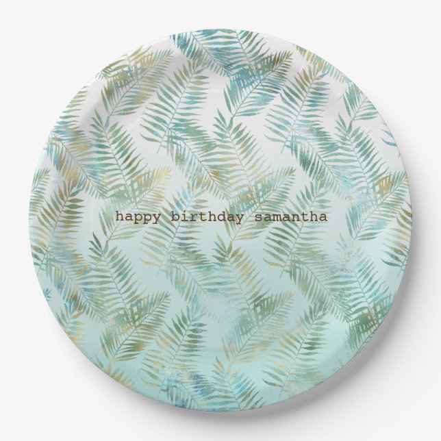 Prato De Papel Folhas Tropicais Verde Aqua Dourado (Frente)