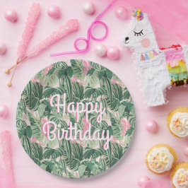 Prato De Papel Folhas Tropicais Verdes e Rosa | Feliz Aniversário