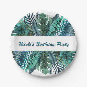 Prato De Papel Folhas Verde Teal Tropical Elegante Casamento Bran