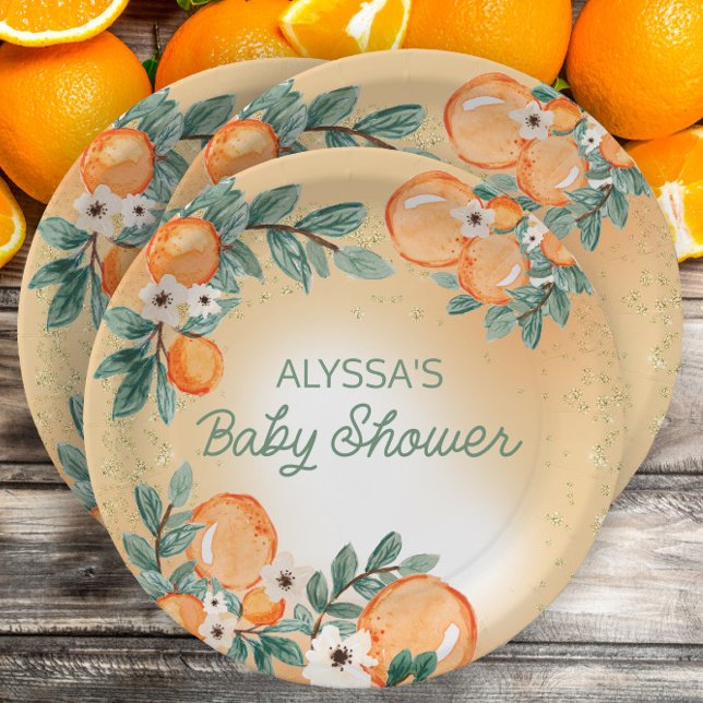 Prato De Papel Folhas Verdes Laranja Chás de Bebê (Little Sweetie Baby Shower custom paper plates)