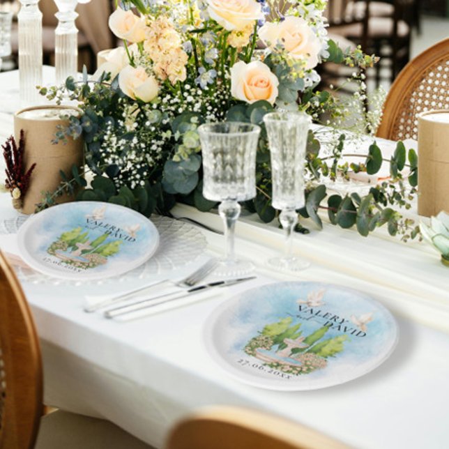 Prato De Papel Fonte Elegante | flores pombas Casamento Luxo (Criador carregado)