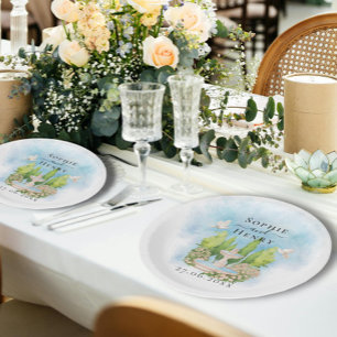 Prato De Papel Fonte Elegante flores pombas Casamento Luxo