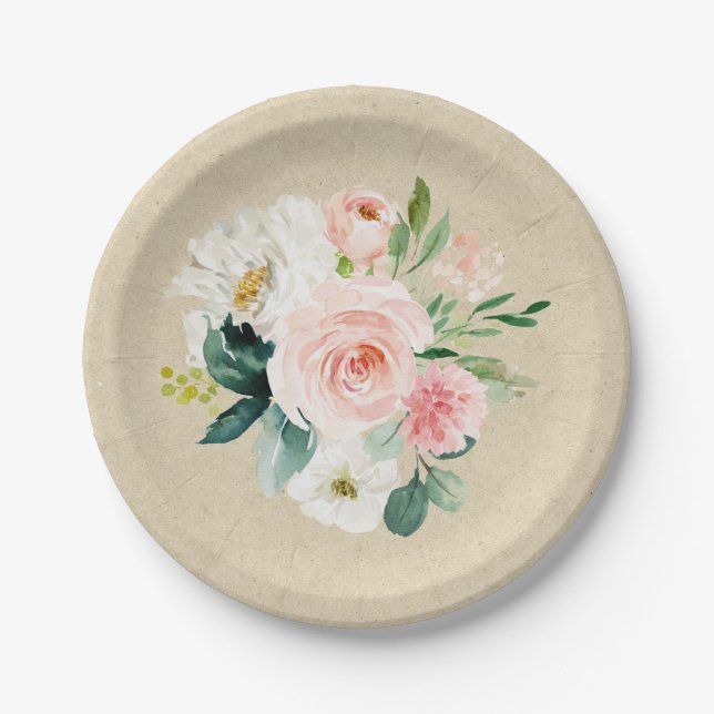 Prato De Papel Força Rústica & Rosa Bege com Florais em Aquarela  (Frente)