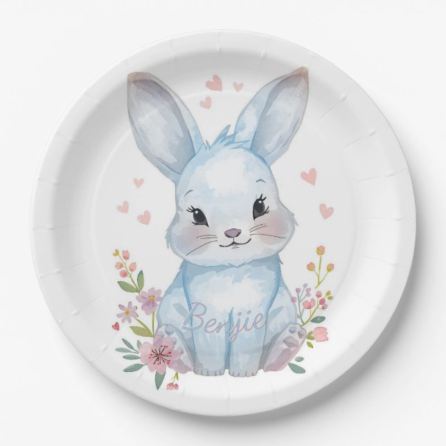 Prato De Papel Forest Animal Baby Shower Decor Blue Bunny (Frente)