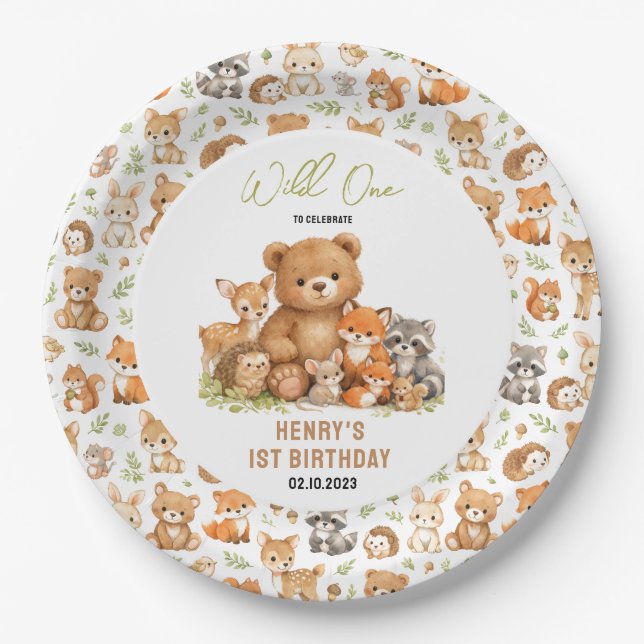 Prato De Papel Forest Woodland Animals Wild One 1st Birthday (Frente)