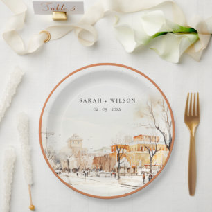 Prato De Papel Forgo North Dakota City Scape Watercolor Casamento