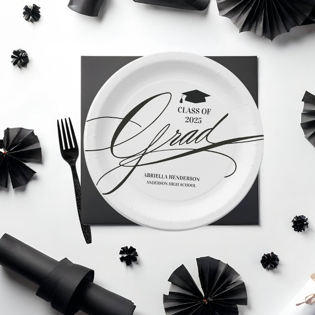 Prato De Papel Formando de Caligrafia Elegante (Elegant Custom Graduation Paper Plates)