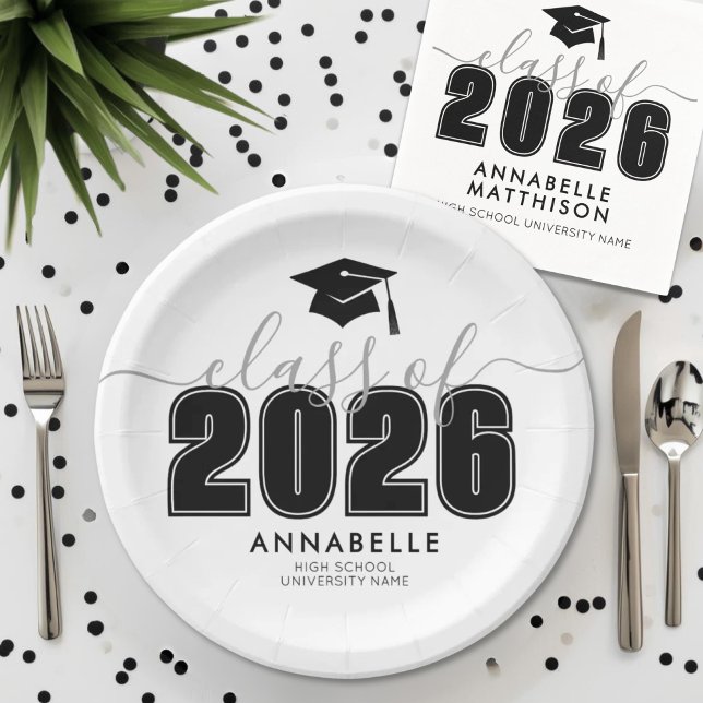 Prato De Papel Formando Festa de formatura branco preto (Graduate Black White Graduation Party Paper Plates)