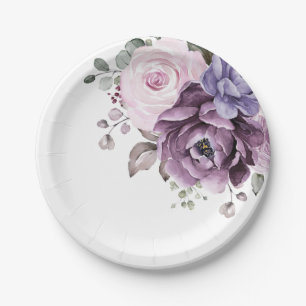 Prato De Papel Formas de Casamento Floral Moody Blooms Roxo Dusty