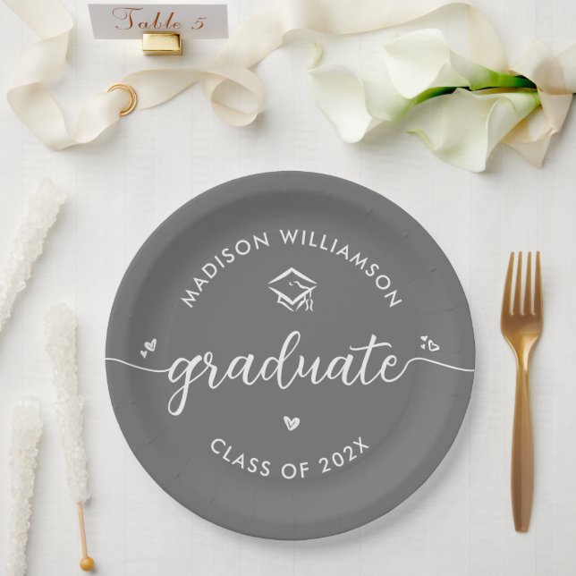 Prato De Papel Formatura Cinza Branco Roscas Coração Boné Moderno (Casamento)