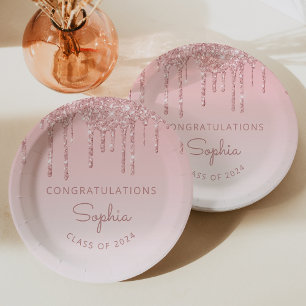 Prato De Papel Formatura com Brilho Rosa Personalizado 2026