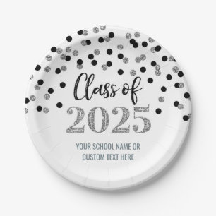 Prato De Papel Formatura Confetes Preto Prata 2025