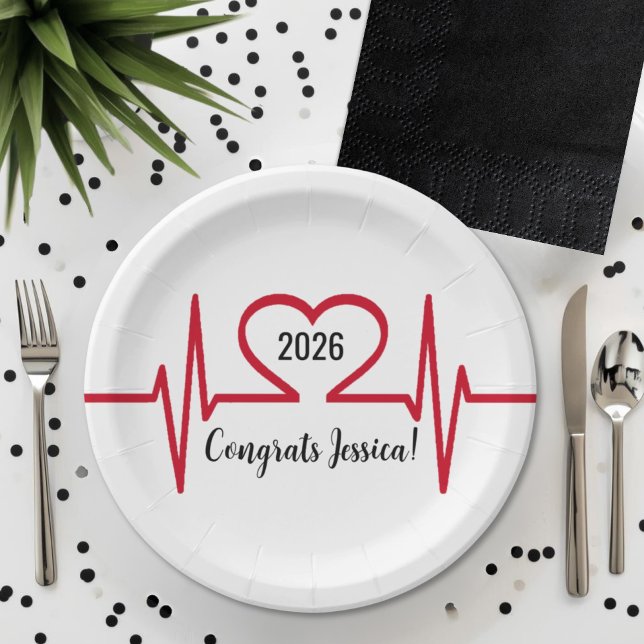 Prato De Papel Formatura de Enfermagem (Heart Beat Nurse Medical Graduation Paper Plates)