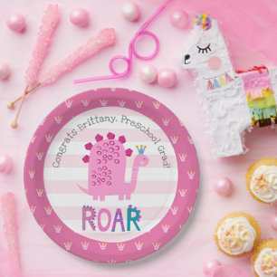 Prato De Papel Formatura na Pré-Escola da Menina Dinossauro Rosa