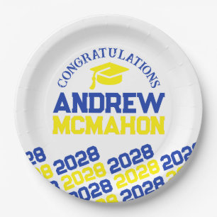 Prato De Papel Formatura Personalizada Azul, Amarelo e Branco