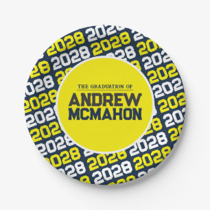 Prato De Papel Formatura Personalizada Azul Marinho e Amarelo
