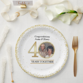 Prato De Papel Foto de 40º Aniversário em Ouro Elegante