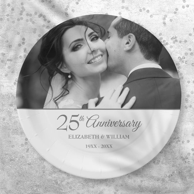Prato De Papel Foto de Casamento de Aniversário de 25 Silver (25th Silver Anniversary Wedding Photo Paper Plates)