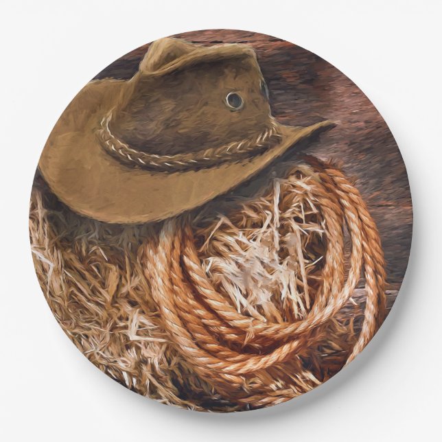 Prato De Papel Foto de Hat Rope Hay do Rustic Cowboy (Frente)