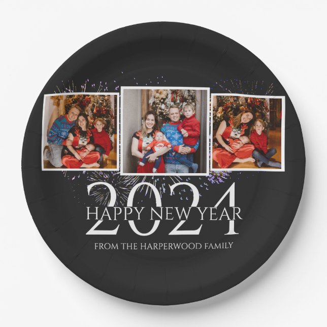 Prato De Papel Foto do Feliz ano novo de Fogo Moderno Elegante Tr (Frente)