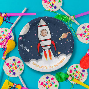 Prato De Papel Foto do primeiro aniversario Espacial Exterior do 