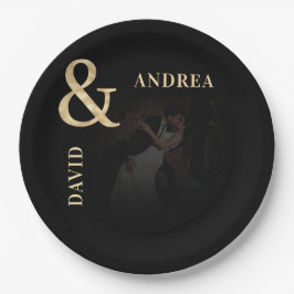 Prato De Papel Foto Escura e Casamento Preto de Ampersand Dourado