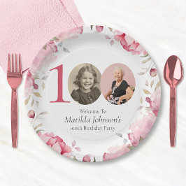 Prato De Papel Foto Floral Rosa Elegante 100ª Festa de aniversári
