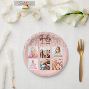 Prato De Papel Foto personalizada de 16.º aniversário rosa dour