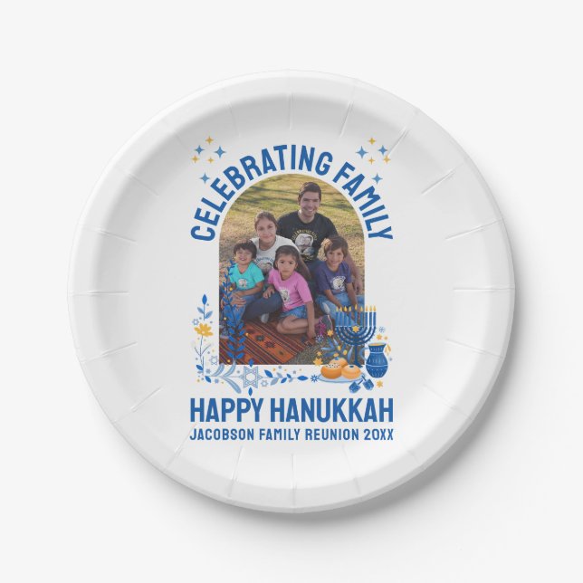 Prato De Papel Foto personalizável de REUNIÃO DA FAMÍLIA HANUKKAH (Frente)