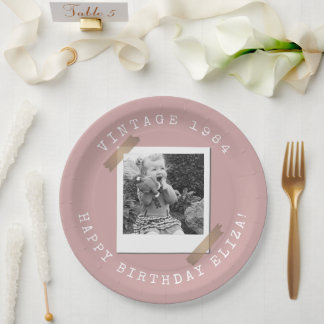 Prato De Papel Foto Polaroid Aniversário Vintage Rosa Poeirento